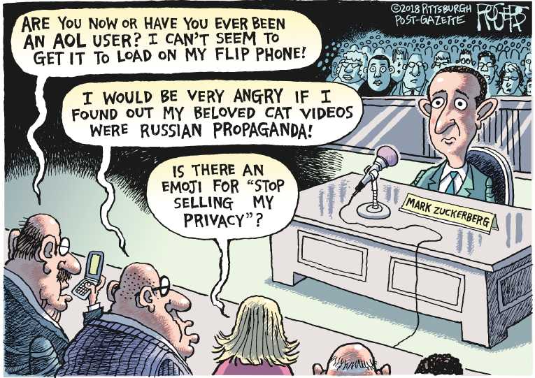 Political/Editorial Cartoon by Rob Rogers, The Pittsburgh Post-Gazette on Zuckerberg Testifies