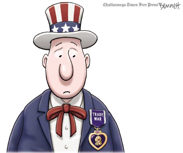 Political/Editorial Cartoon by Clay Bennett, Chattanooga Times Free Press on Trade War Feared