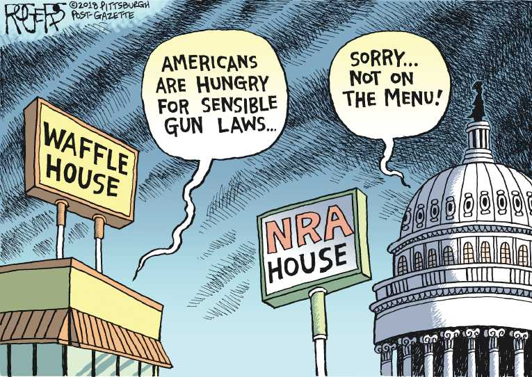 Political/Editorial Cartoon by Rob Rogers, The Pittsburgh Post-Gazette on Another Assault Rifle Mass Murder