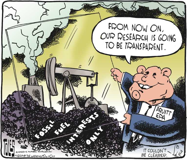 Political/Editorial Cartoon by Tom Toles, Washington Post on Pruitt Testifies