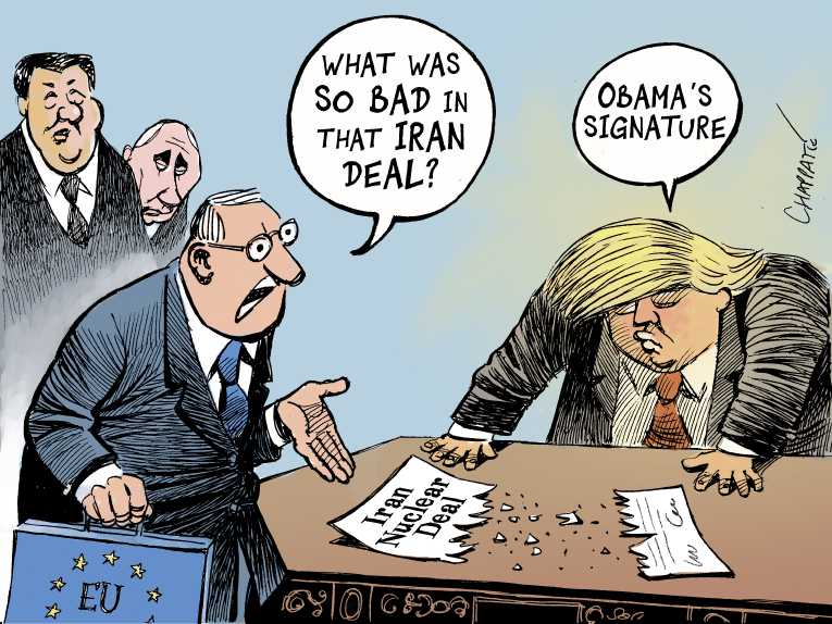 Political/Editorial Cartoon by Patrick Chappatte, International Herald Tribune on Trump Praises His Performance