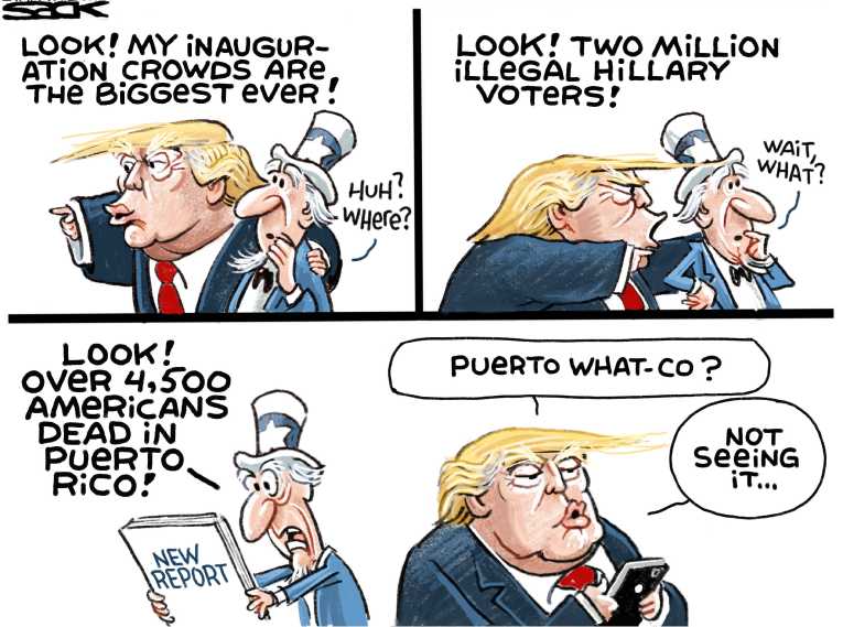 Political/Editorial Cartoon by Steve Sack, Minneapolis Star Tribune on Puerto Rico Death Toll Rises