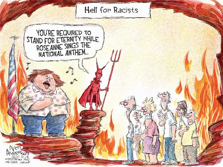 Political/Editorial Cartoon by Nick Anderson, Houston Chronicle on Roseanne Barr Blames Drugs