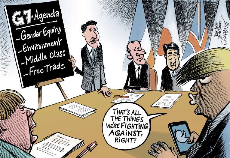 Political/Editorial Cartoon by Patrick Chappatte, International Herald Tribune on Trump Disses G7