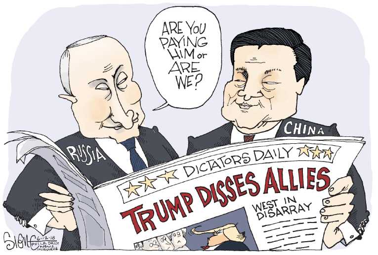 Political/Editorial Cartoon by Signe Wilkinson, Philadelphia Daily News on Trump Disses G7