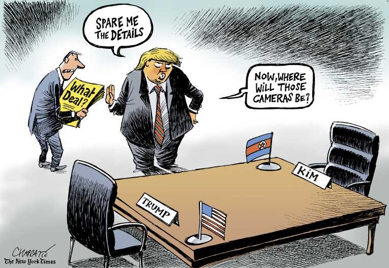 Political/Editorial Cartoon by Patrick Chappatte, International Herald Tribune on Trump Meets With Kim