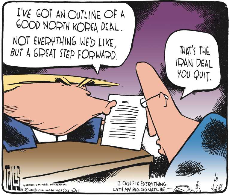 Political/Editorial Cartoon by Tom Toles, Washington Post on Trump Meets With Kim