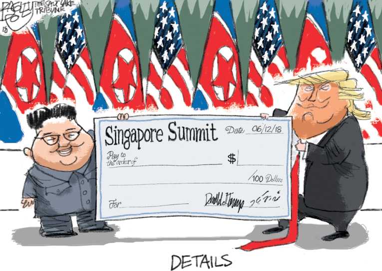 Political/Editorial Cartoon by Pat Bagley, Salt Lake Tribune on Trump Meets With Kim