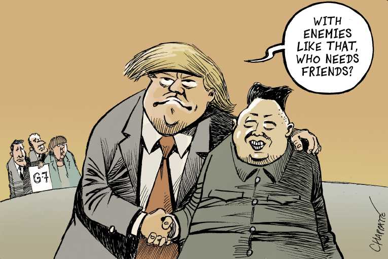 Political/Editorial Cartoon by Patrick Chappatte, International Herald Tribune on Trump Meets With Kim