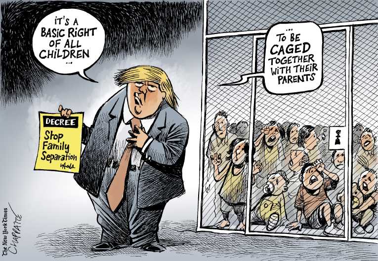 Political/Editorial Cartoon by Patrick Chappatte, International Herald Tribune on Family Separation Policy Suspended