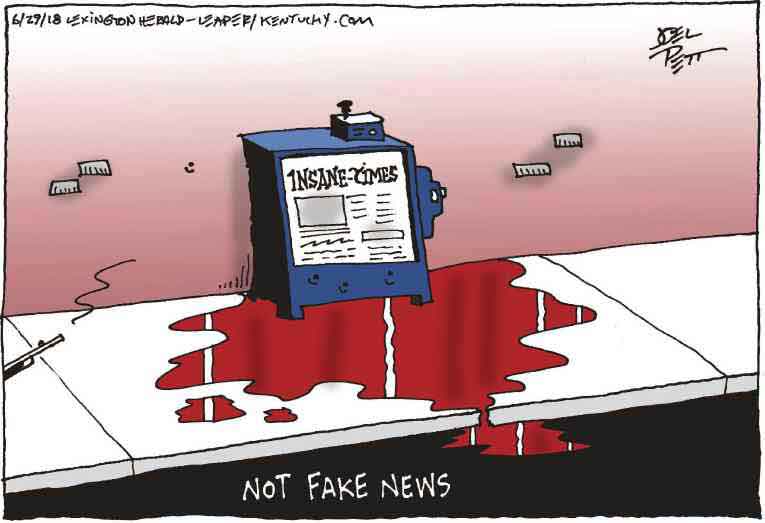 Political/Editorial Cartoon by Joel Pett, Lexington Herald-Leader, CWS/CartoonArts Intl. on Five Killed at Newspaper