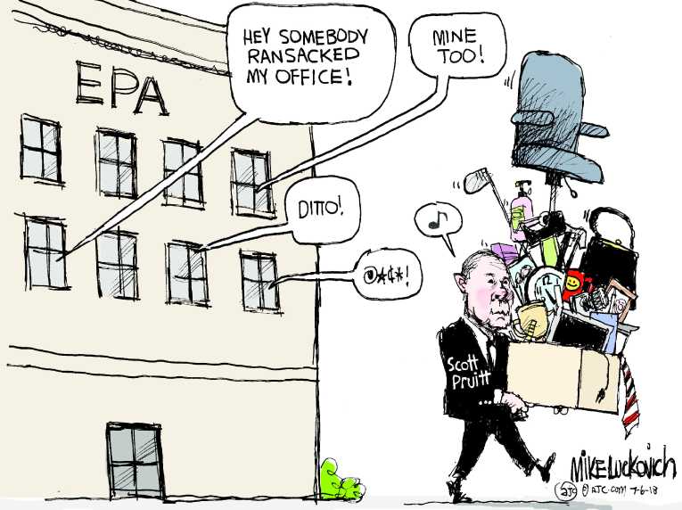 Political/Editorial Cartoon by Mike Luckovich, Atlanta Journal-Constitution on Pruitt Resigns From EPA