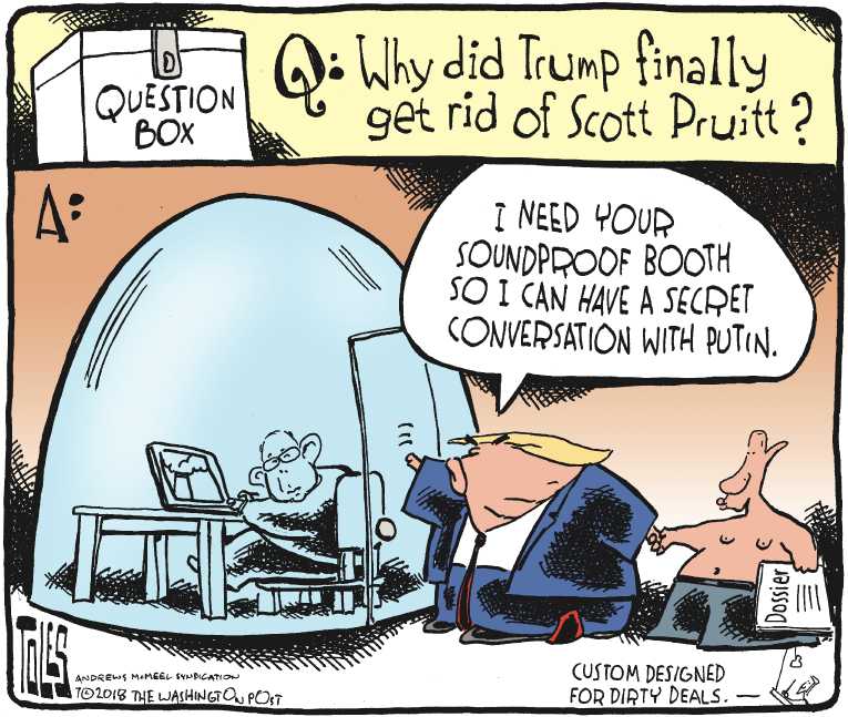 Political/Editorial Cartoon by Tom Toles, Washington Post on Pruitt Resigns From EPA