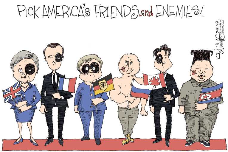 Political/Editorial Cartoon by Signe Wilkinson, Philadelphia Daily News on Trump Bashes Allies