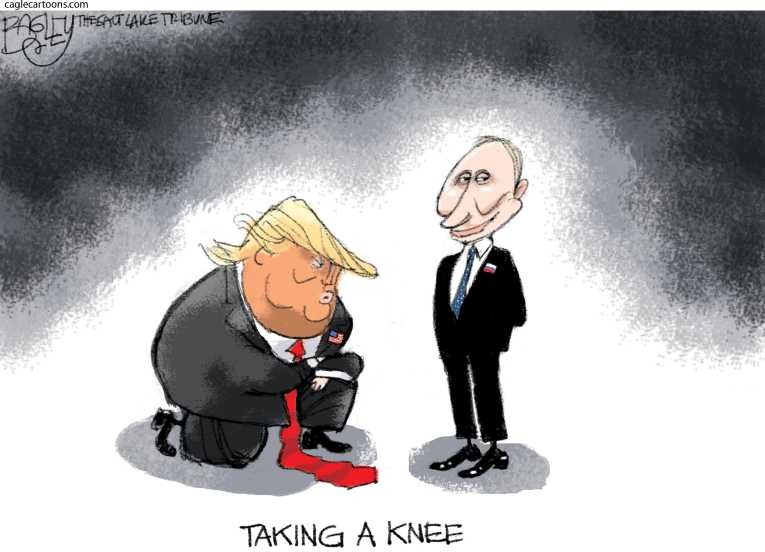 Political/Editorial Cartoon by Pat Bagley, Salt Lake Tribune on Trump Crashes in Helsinki