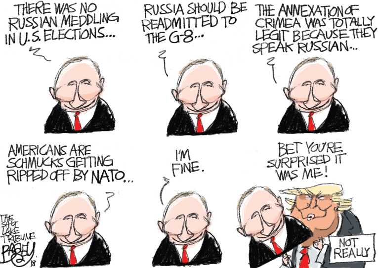 Political/Editorial Cartoon by Pat Bagley, Salt Lake Tribune on Trump Crashes in Helsinki