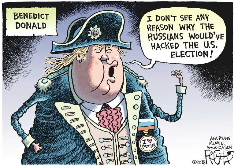 Political/Editorial Cartoon by Rob Rogers, The Pittsburgh Post-Gazette on Trump Crashes in Helsinki