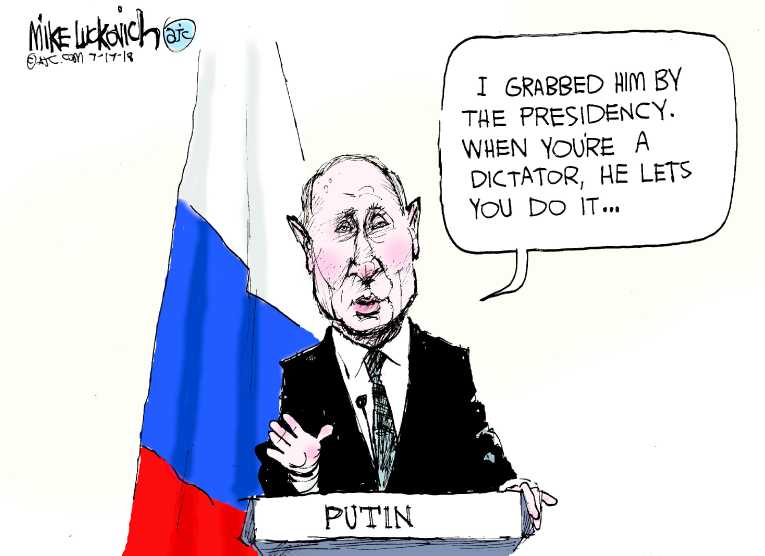 Political/Editorial Cartoon by Mike Luckovich, Atlanta Journal-Constitution on Trump Crashes in Helsinki