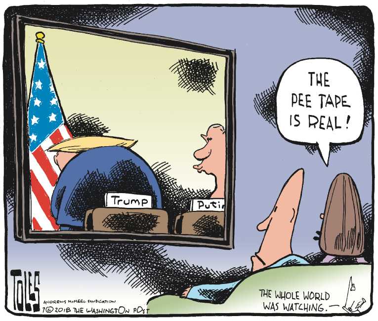 Political/Editorial Cartoon by Tom Toles, Washington Post on Trump Crashes in Helsinki