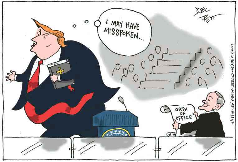 Political/Editorial Cartoon by Joel Pett, Lexington Herald-Leader, CWS/CartoonArts Intl. on Trump Clarifies Helsinki Remark