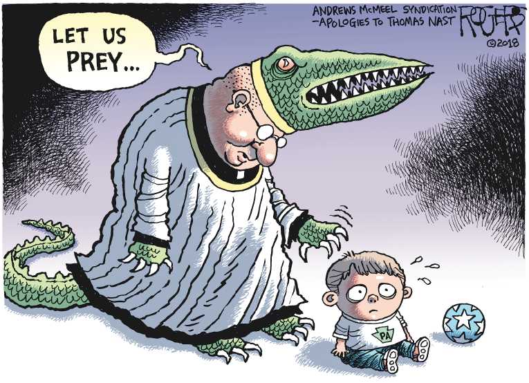 Political/Editorial Cartoon by Rob Rogers, The Pittsburgh Post-Gazette on Pedophile Scandal Rocks Church