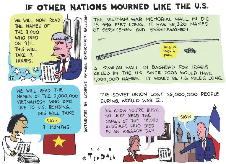 Political/Editorial Cartoon by Ted Rall on Wars Proceeding Quietly