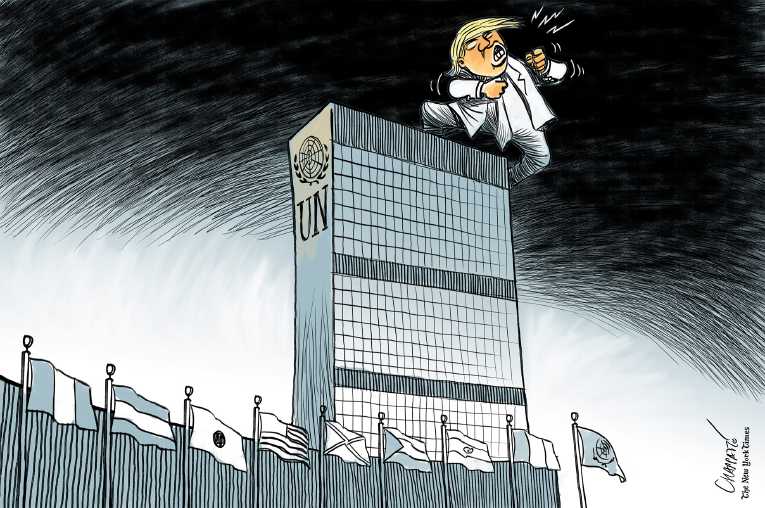 Political/Editorial Cartoon by Patrick Chappatte, International Herald Tribune on Trump Speaks at UN