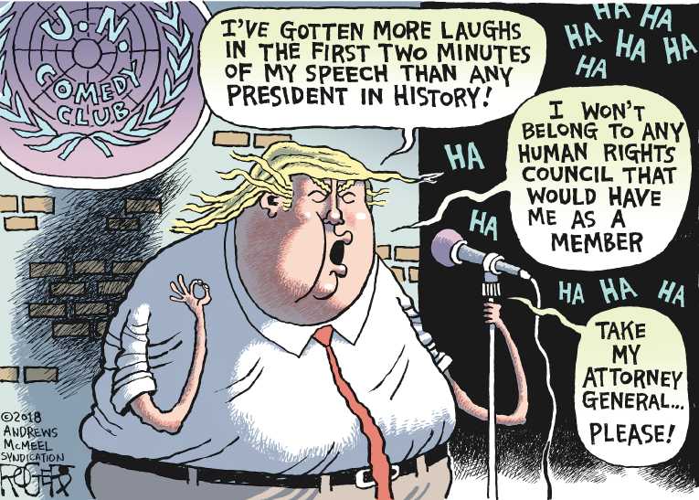 Political/Editorial Cartoon by Rob Rogers on Trump Puts World on Notice