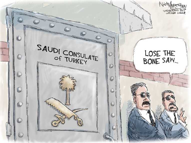 Political/Editorial Cartoon by Nick Anderson, Houston Chronicle on Saudis Kill, Mutilate Journalist