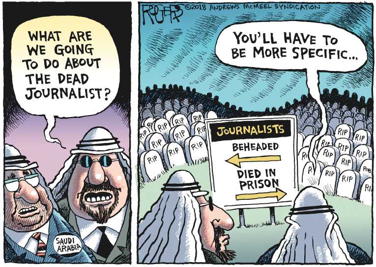 Political/Editorial Cartoon by Rob Rogers on Saudis Kill, Mutilate Journalist