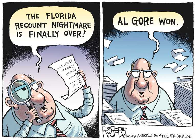 Political/Editorial Cartoon by Rob Rogers, The Pittsburgh Post-Gazette on Recounts Underway