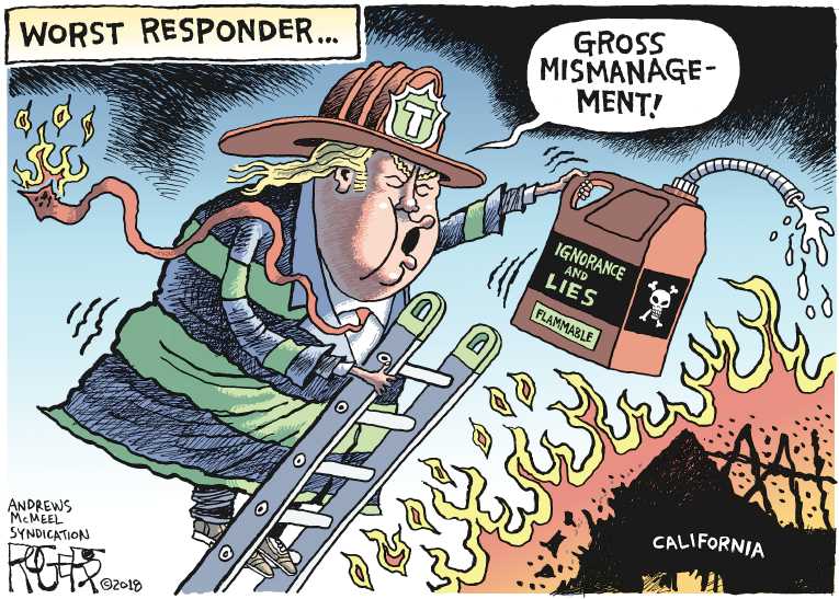 Political/Editorial Cartoon by Rob Rogers on Wildfire Destroys Paradise