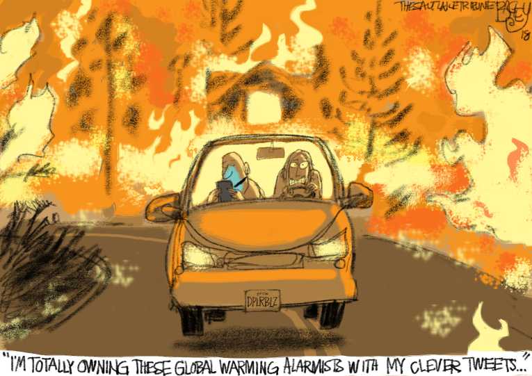 Political/Editorial Cartoon by Pat Bagley, Salt Lake Tribune on Wildfire Destroys Paradise