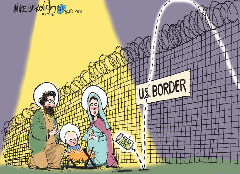 Political/Editorial Cartoon by Mike Luckovich, Atlanta Journal-Constitution on Asylum Seekers Tear-Gassed