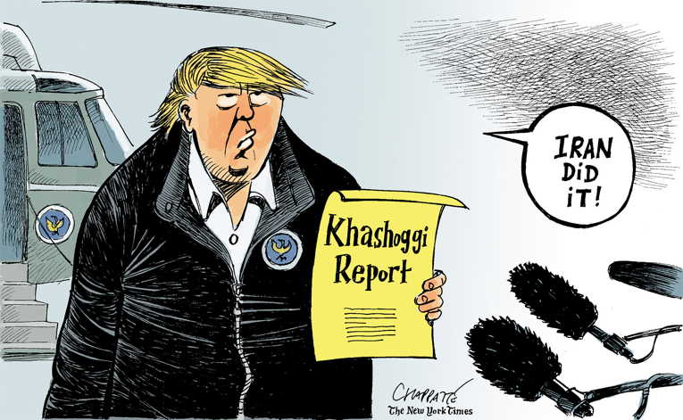 Political/Editorial Cartoon by Patrick Chappatte, International Herald Tribune on Trump Praises Saudis