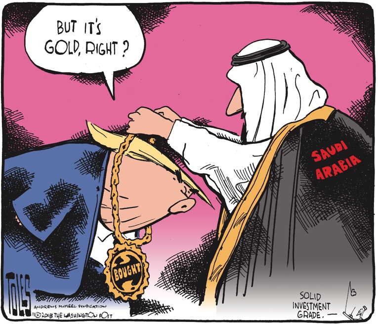 Political/Editorial Cartoon by Tom Toles, Washington Post on Trump Praises Saudis