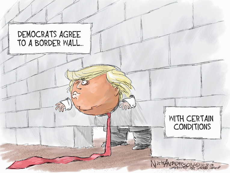 Political/Editorial Cartoon by Nick Anderson, Houston Chronicle on Trump Firm on Wall