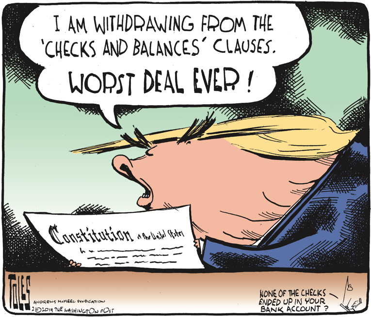 Political/Editorial Cartoon by Tom Toles, Washington Post on President Seeks More Authority