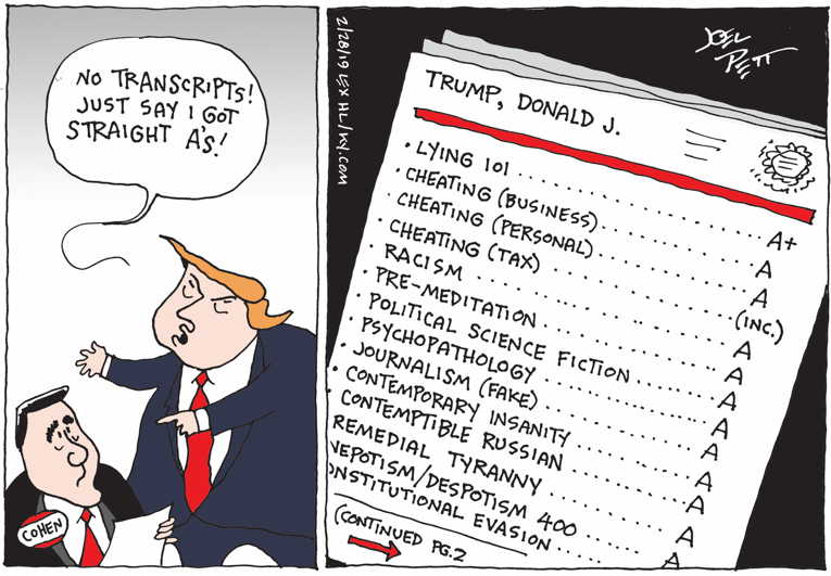 Political/Editorial Cartoon by Joel Pett, Lexington Herald-Leader, CWS/CartoonArts Intl. on Cohen Blasts Trump