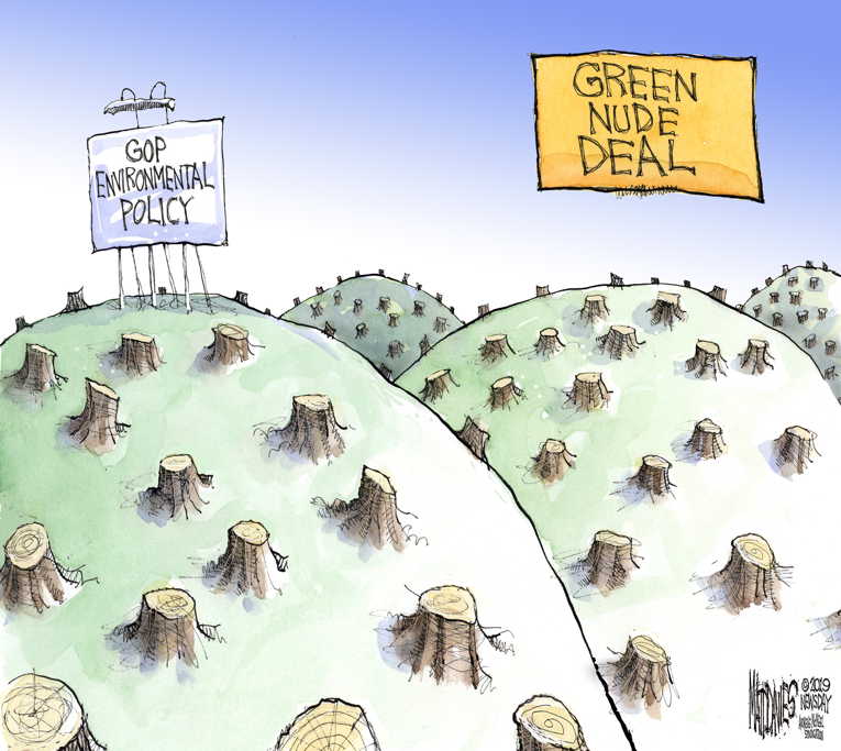 Political/Editorial Cartoon by Matt Davies, Journal News on Republicans Blasts Green Deal