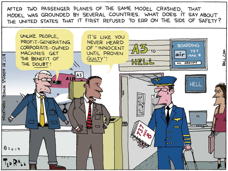 Political/Editorial Cartoon by Ted Rall on Boeing Jets Grounded