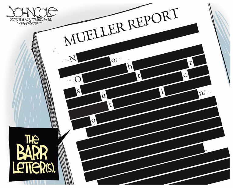 Political/Editorial Cartoon by John Cole, The Times, Scranton, PA on Barr Summarizes Mueller Report