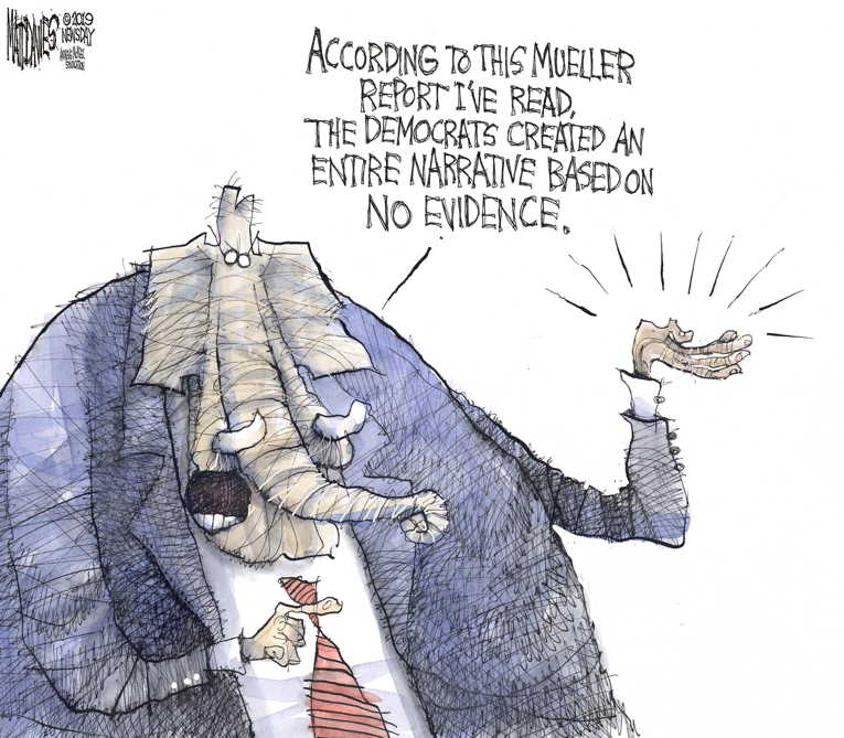 Political/Editorial Cartoon by Matt Davies, Journal News on Barr Summarizes Mueller Report