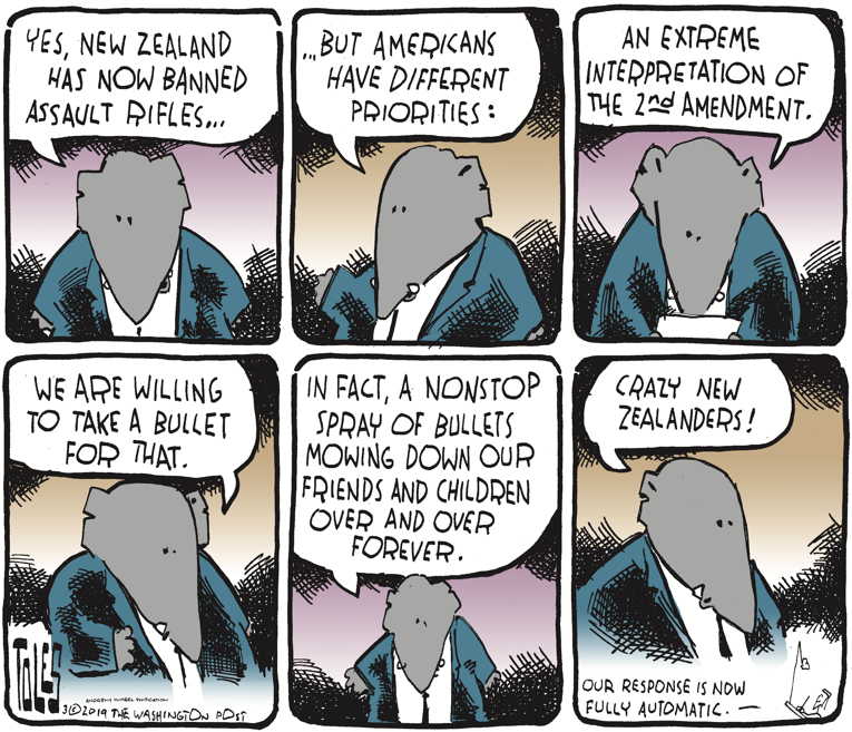 Political/Editorial Cartoon by Tom Toles, Washington Post on New Zealand Bans Assault Weapons