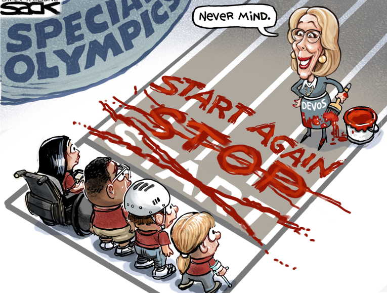 Political/Editorial Cartoon by Steve Sack, Minneapolis Star Tribune on Devos Attacks Special Olympics