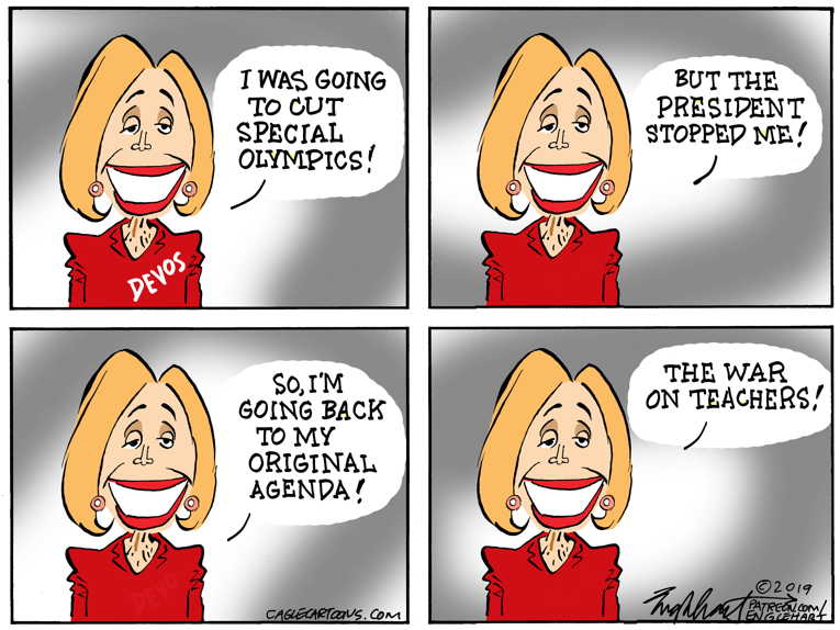 Political/Editorial Cartoon by Bob Engelhart, Hartford Courant on Devos Attacks Special Olympics