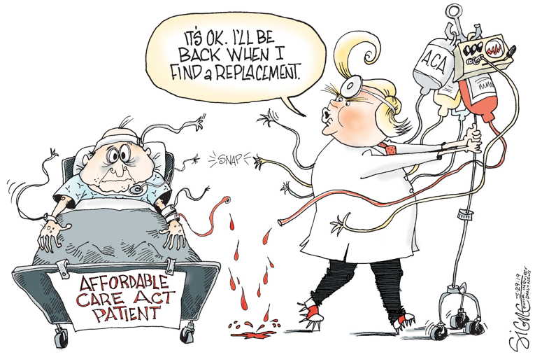 Political/Editorial Cartoon by Signe Wilkinson, Philadelphia Daily News on Trump Attacks Obamacare