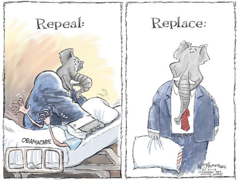 Political/Editorial Cartoon by Nick Anderson, Houston Chronicle on Trump Attacks Obamacare