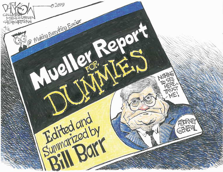 Political/Editorial Cartoon by John Darkow, Columbia Daily Tribune, Missouri on Barr Stonewalling Mueller Report