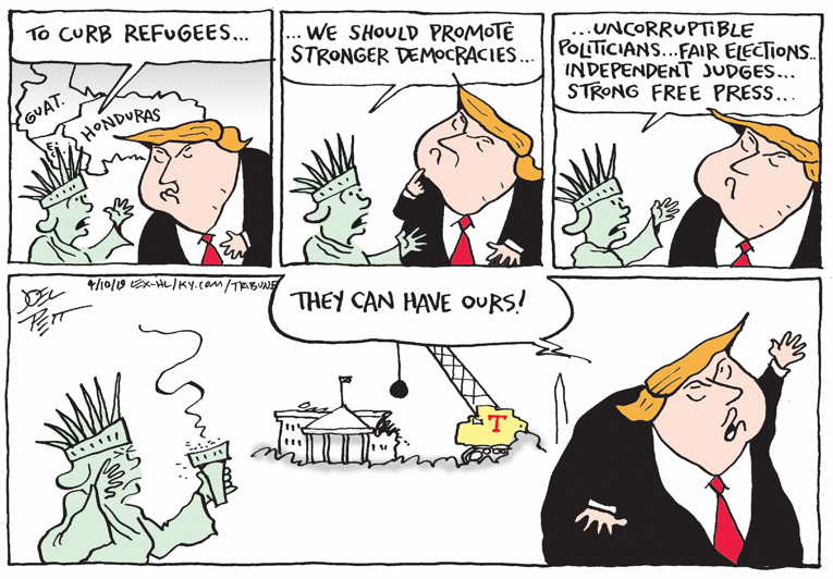 Political/Editorial Cartoon by Joel Pett, Lexington Herald-Leader, CWS/CartoonArts Intl. on President Declares “We’re Full.”